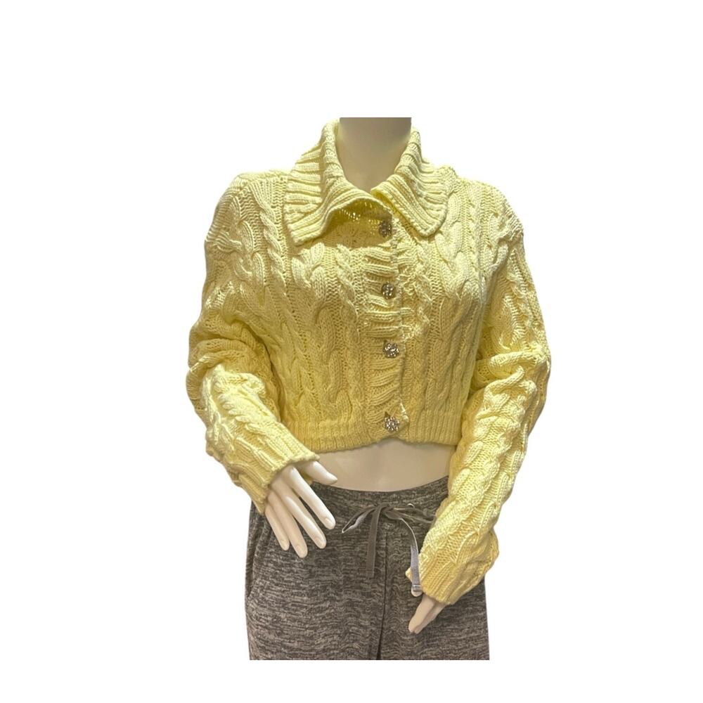 WOMEN'S ZARA CHUNKY CABLE KNIT YELLOW CROPPED SWEATER SMALL